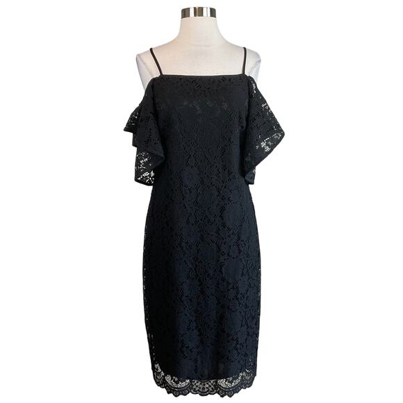 Black Lace Cut Out Cocktail Dress Size 6 LAUNDRY Cold Shoulder Midi Sheath - Picture 1 of 11